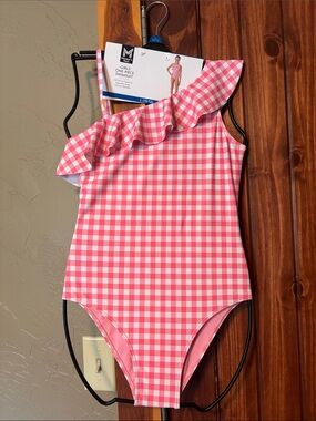 Girls' Pink Gingham One-Shoulder Ruffle One-Piece Swimsuit